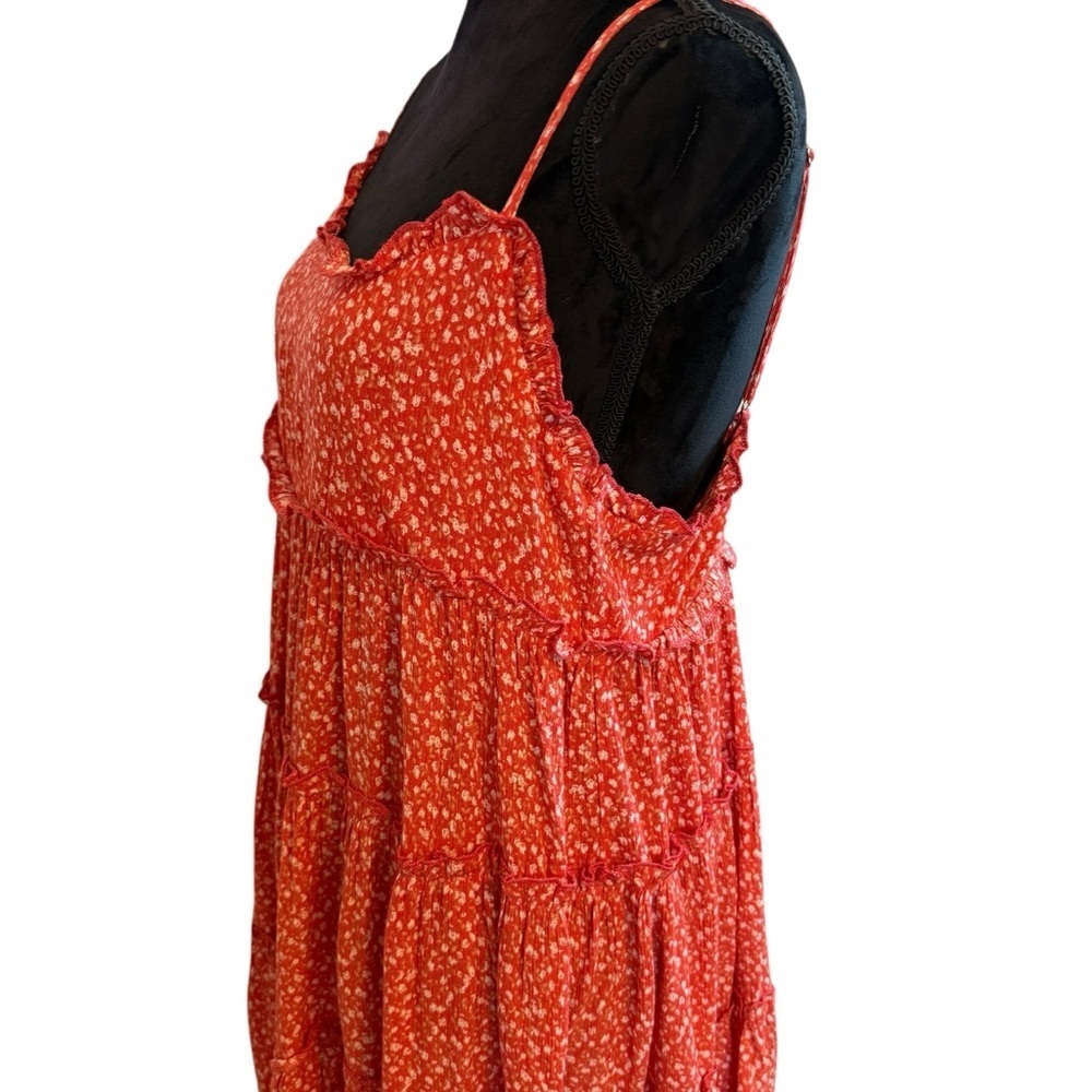 Lulu's Red Orange Calico Print Tiered Ruffled Sundress with Spaghetti Straps - Picture 5 of 8
